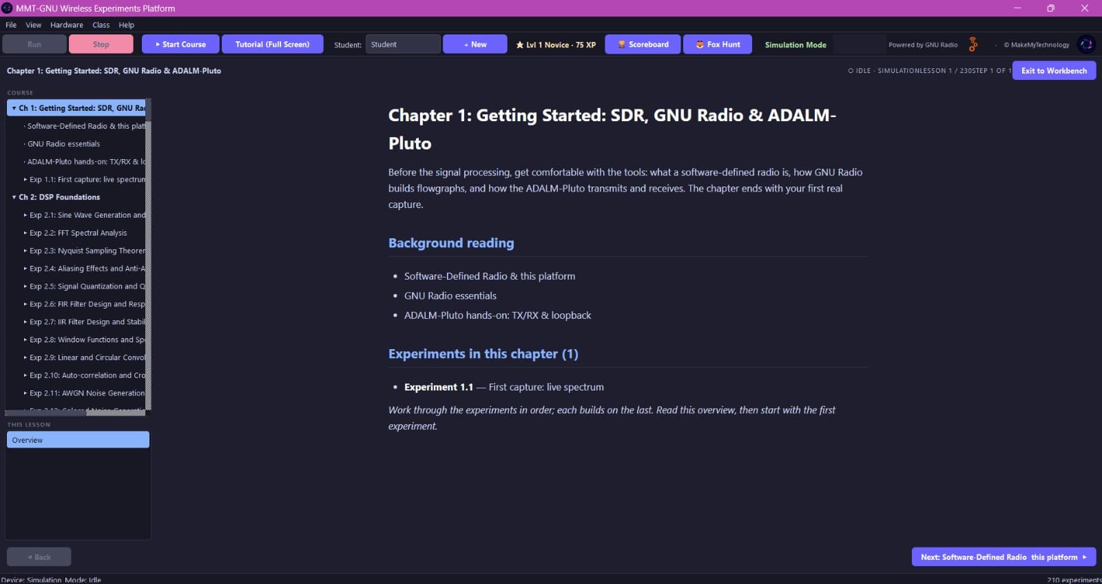 MMT-GNU Wireless Experiments Platform — course view with chapter sidebar, the full experiment catalog, and a chapter overview.