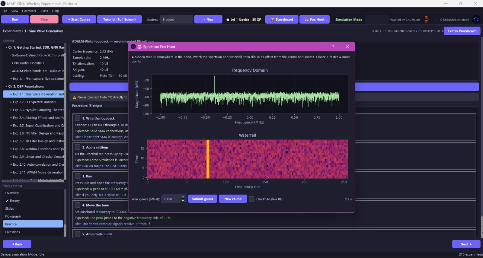 Spectrum Fox Hunt — Live spectrum + waterfall mini-game — dial in the hidden tone's offset.